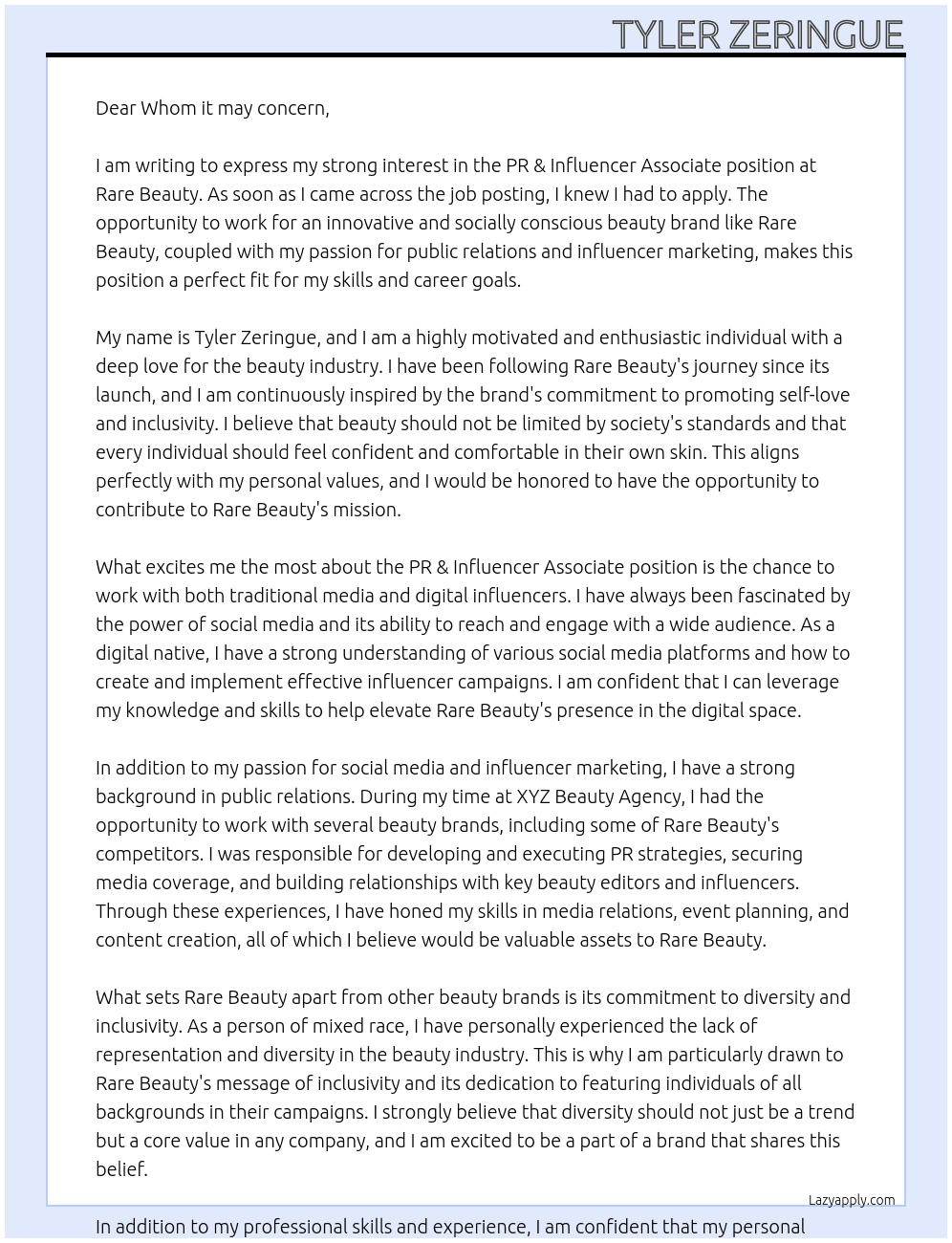 pr & influencer associate At Rare Beauty Cover Letter