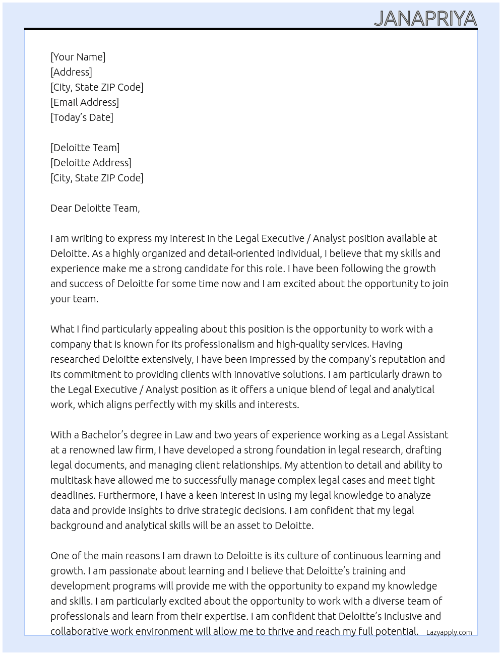 Cover letter for legal executive / analyst - LazyApply