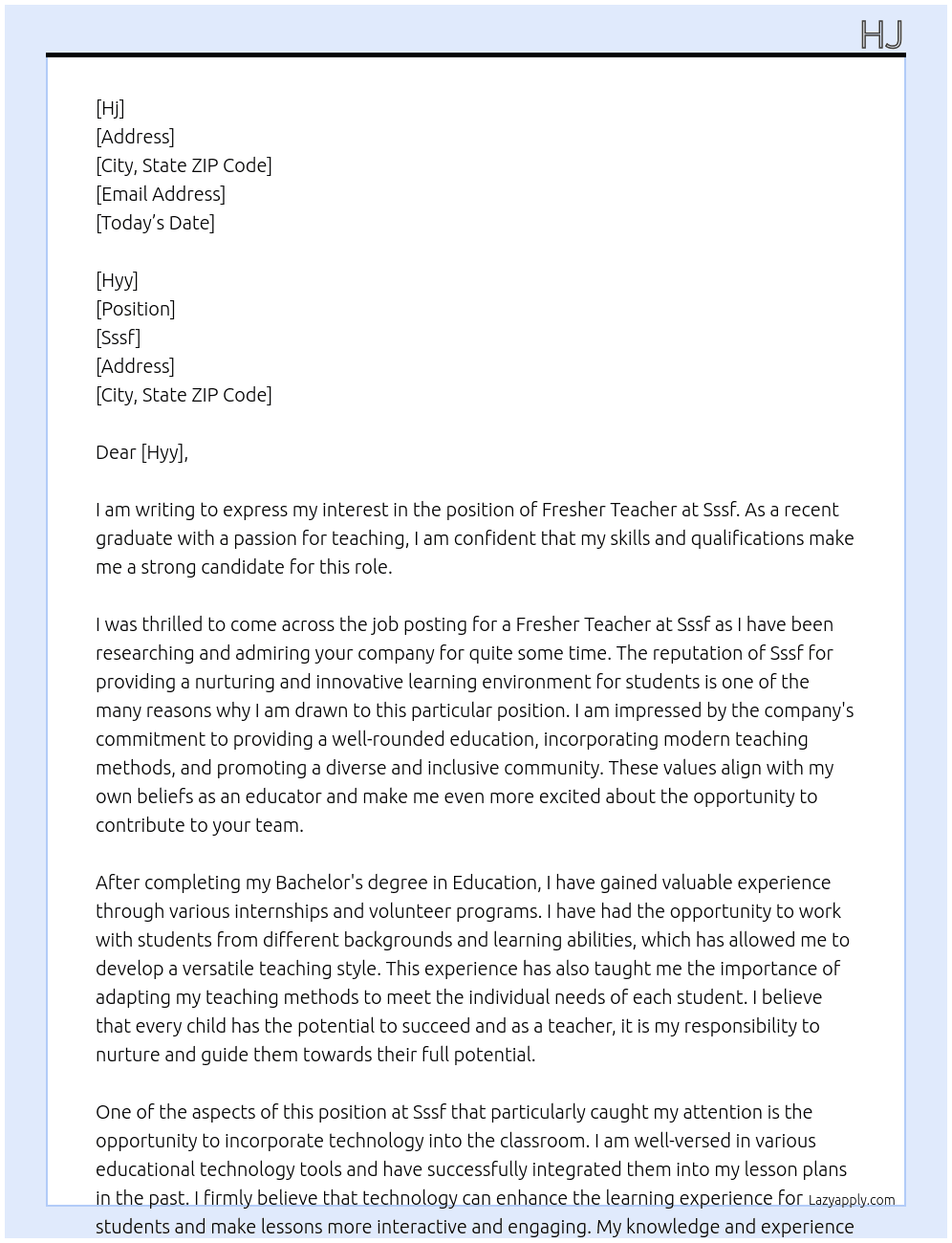 Fresher teacher At Sssf Cover Letter