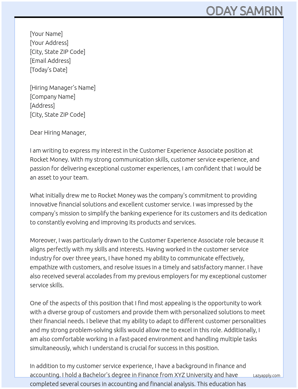 Customer Experience Associate At Rocket Money Cover Letter