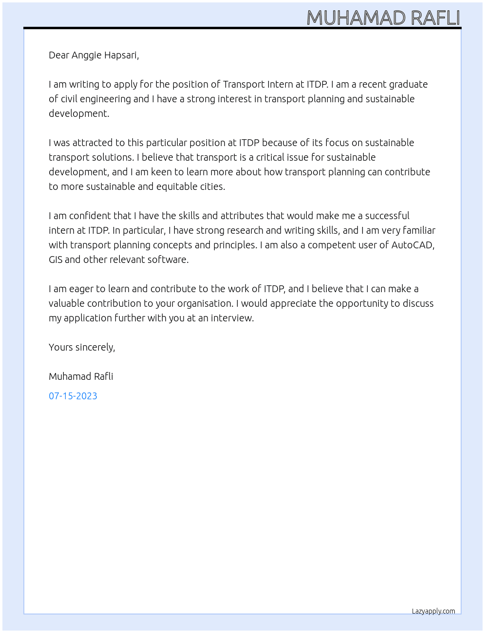 Transport Intern At ITDP Cover Letter