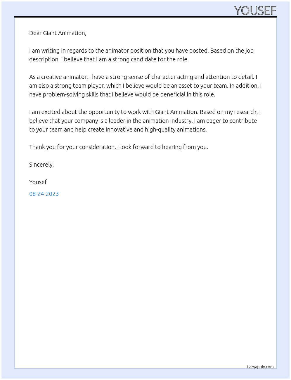 Animator At Giant Animation Cover Letter
