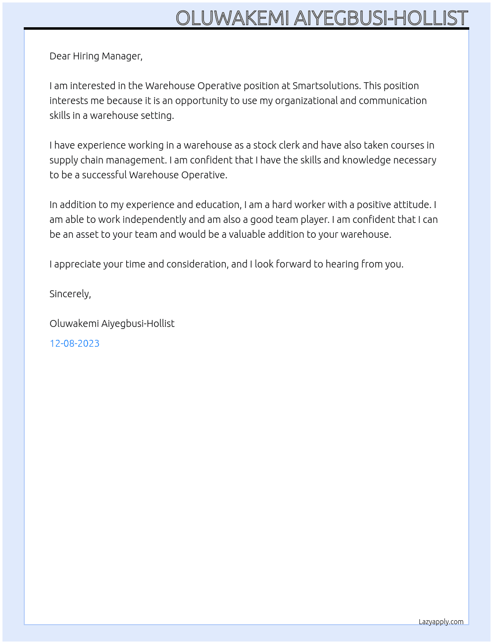 Warehouse Operative At Smartsolutions Cover Letter