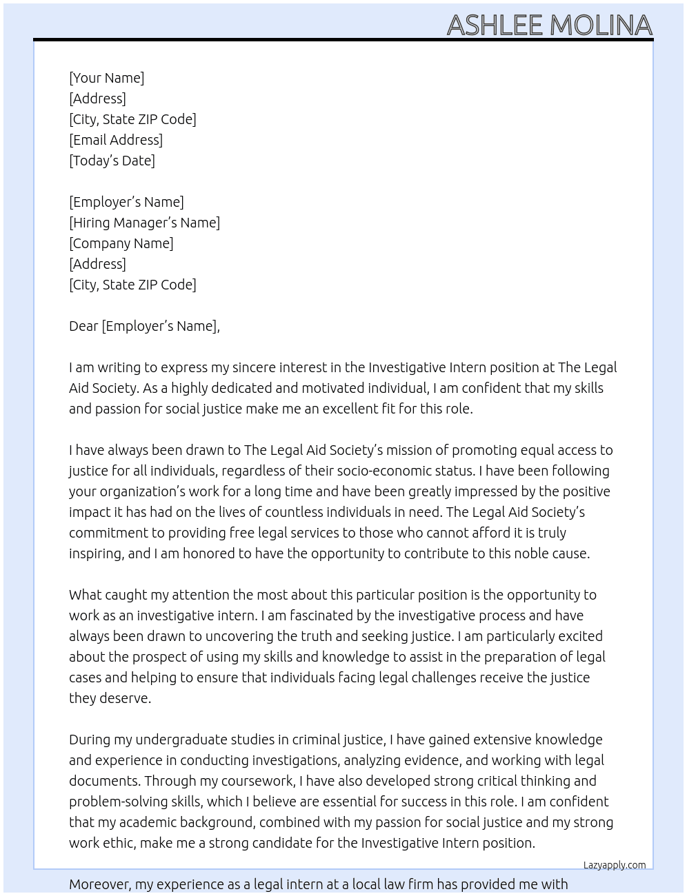 Cover letter for investigative intern - LazyApply