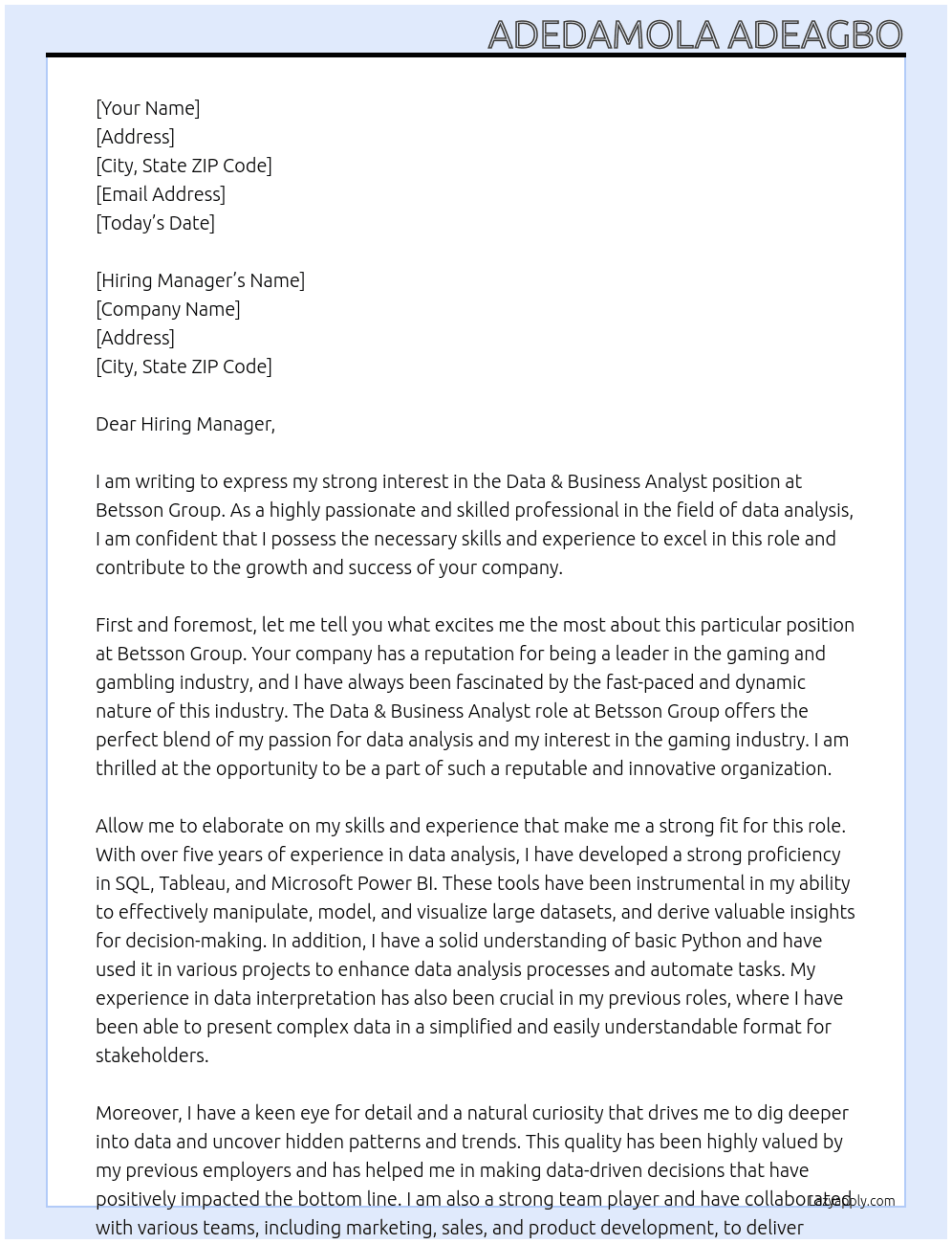 Data & Business Analyst At Betsson Group Cover Letter