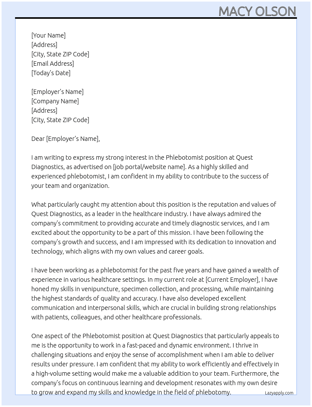 Phlebotomist  At Quest Diagnostics  Cover Letter