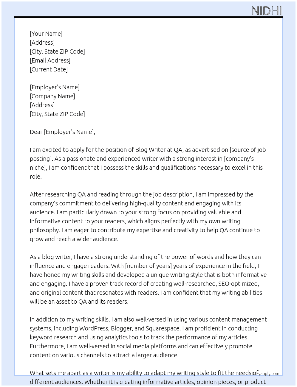 blog writer At QA Cover Letter