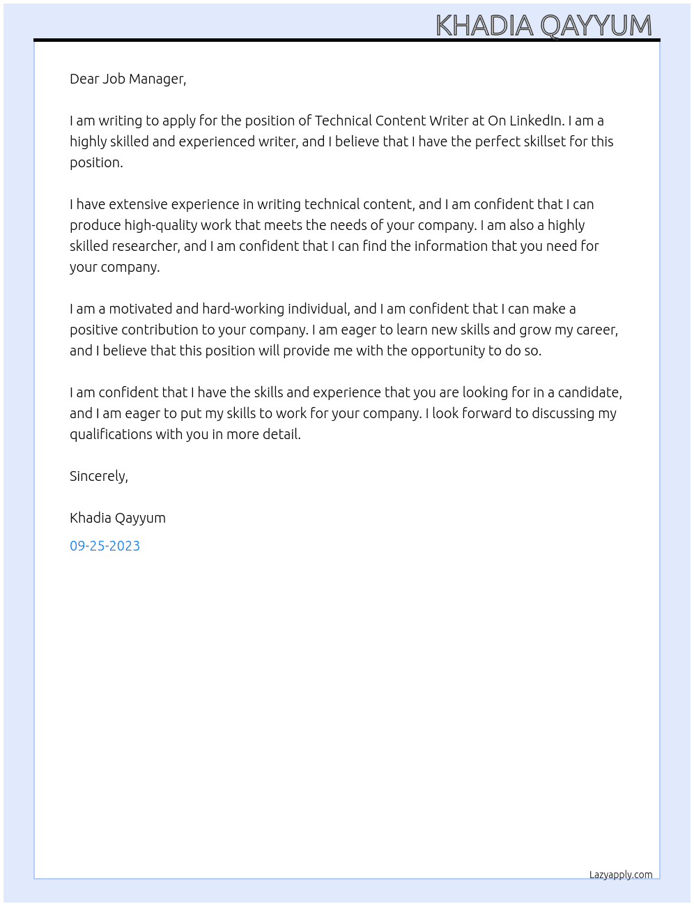 Technical content writer At On linkedIn Cover Letter
