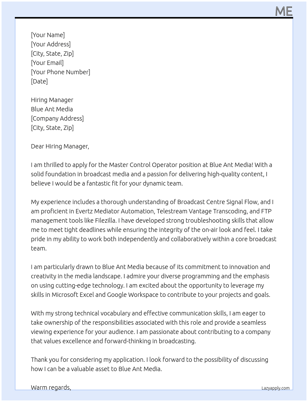 Cover letter for master control operator - LazyApply