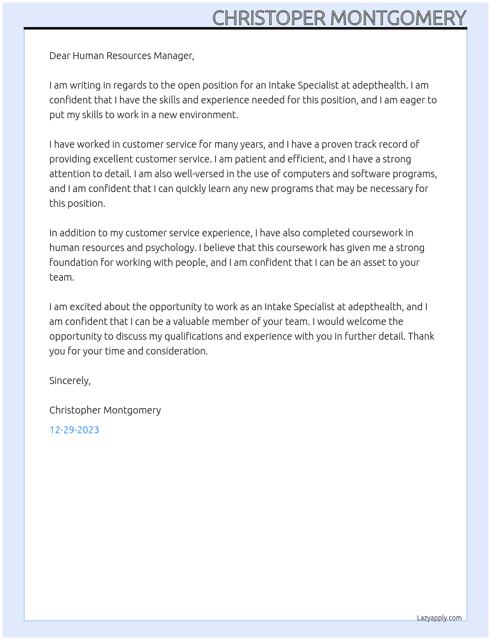 Intake Specialist At adepthealth Cover Letter