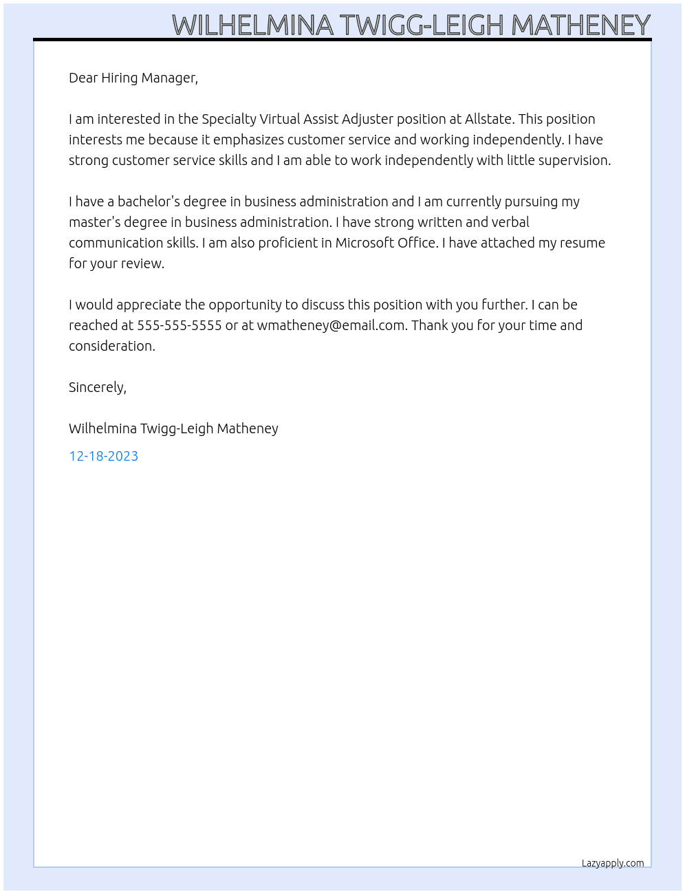 Specialty Virtual Assist Adjuster At Allstate Cover Letter