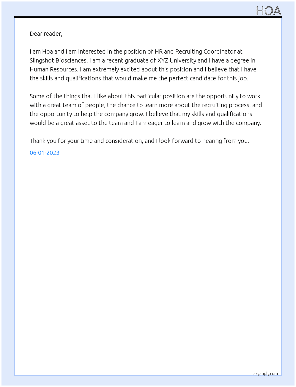 HR and Recruiting Coordinator At Slingshot Biosciences Cover Letter