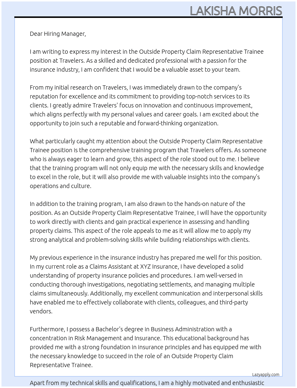 Outside Property Claim Representative Trainee At Travelers Cover Letter