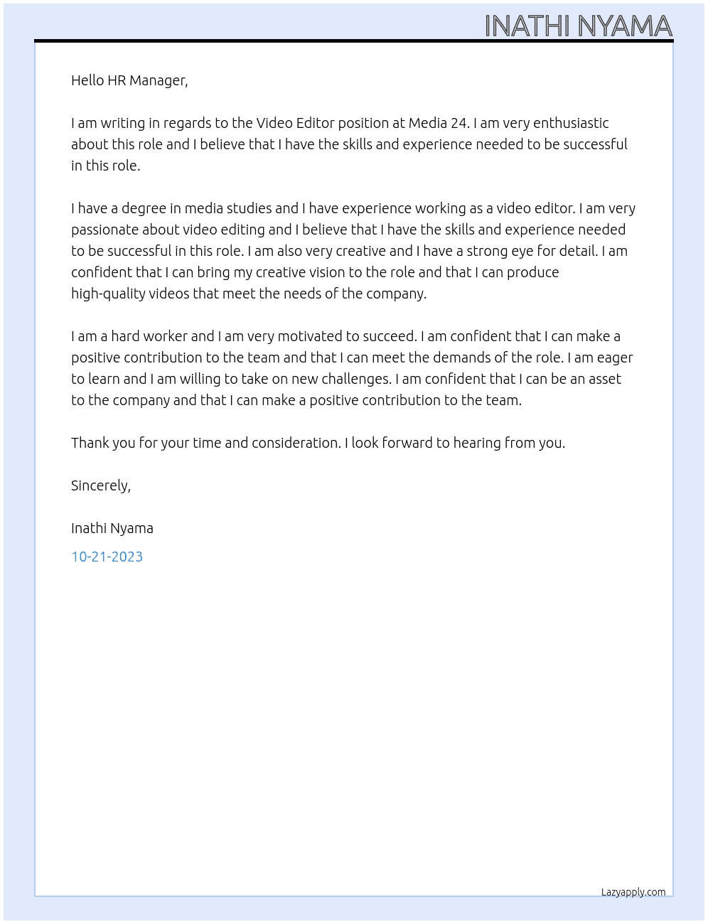 Video Editor At Media 24 Cover Letter