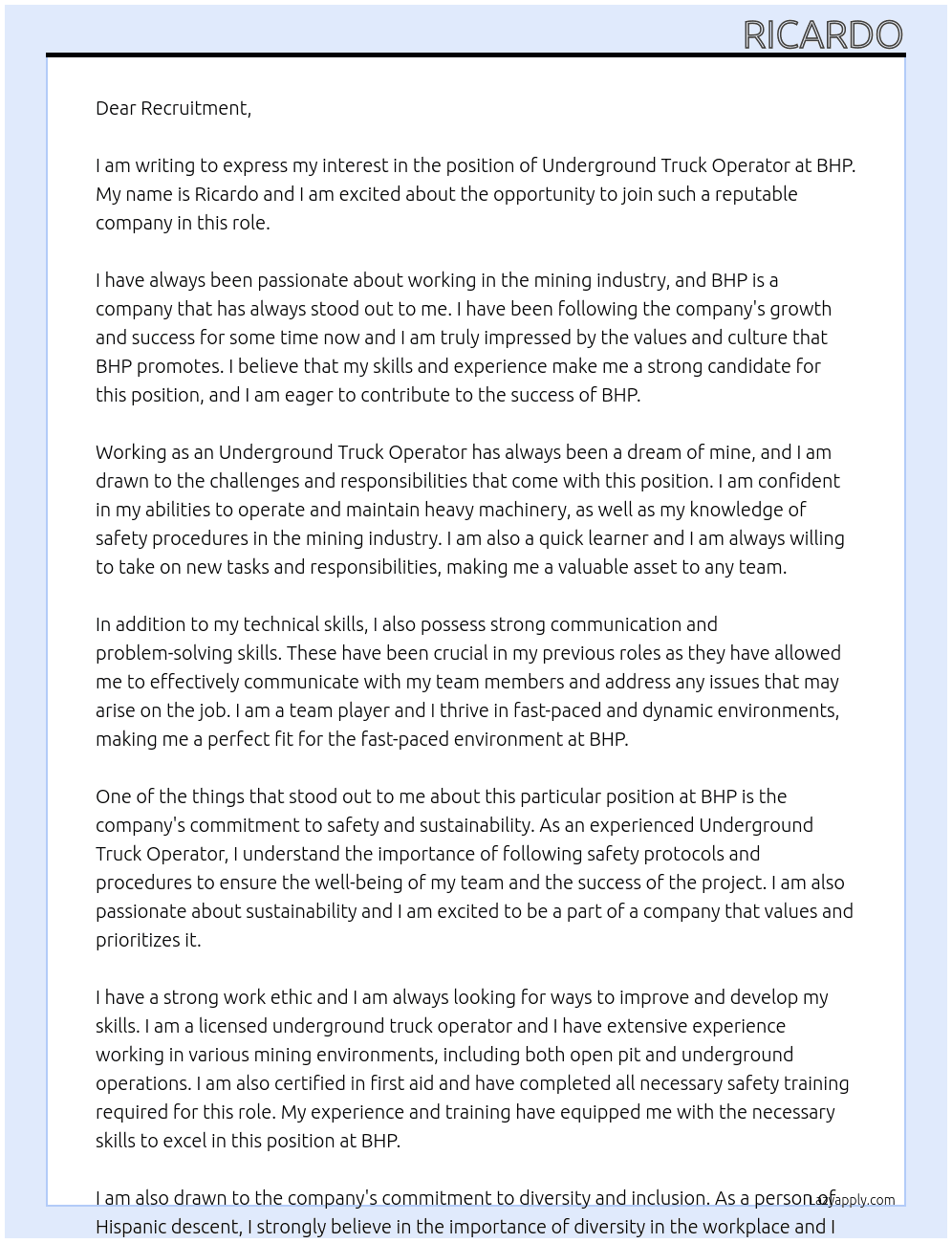 Underground truck operator At BHP Cover Letter