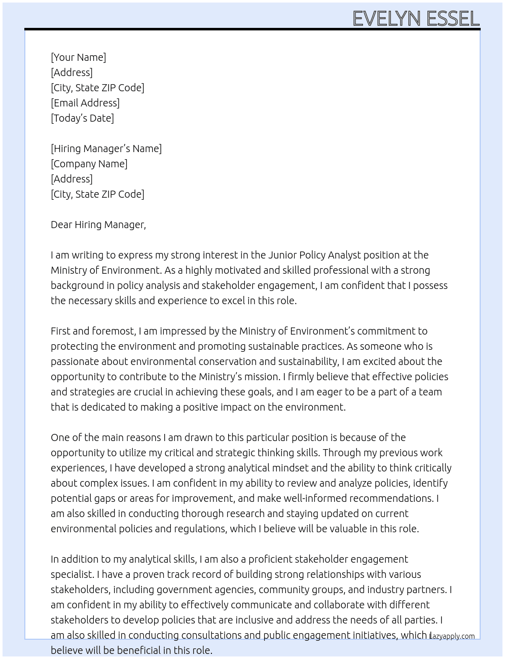 Cover letter for junior policy analyst - LazyApply