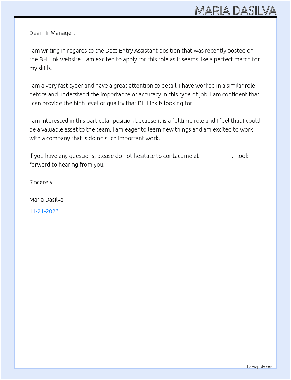 Data Entry Assistant At BH Link Cover Letter