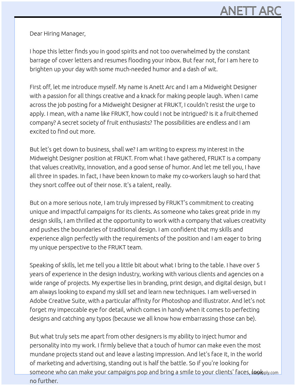 Midweight Designer At FRUKT Cover Letter