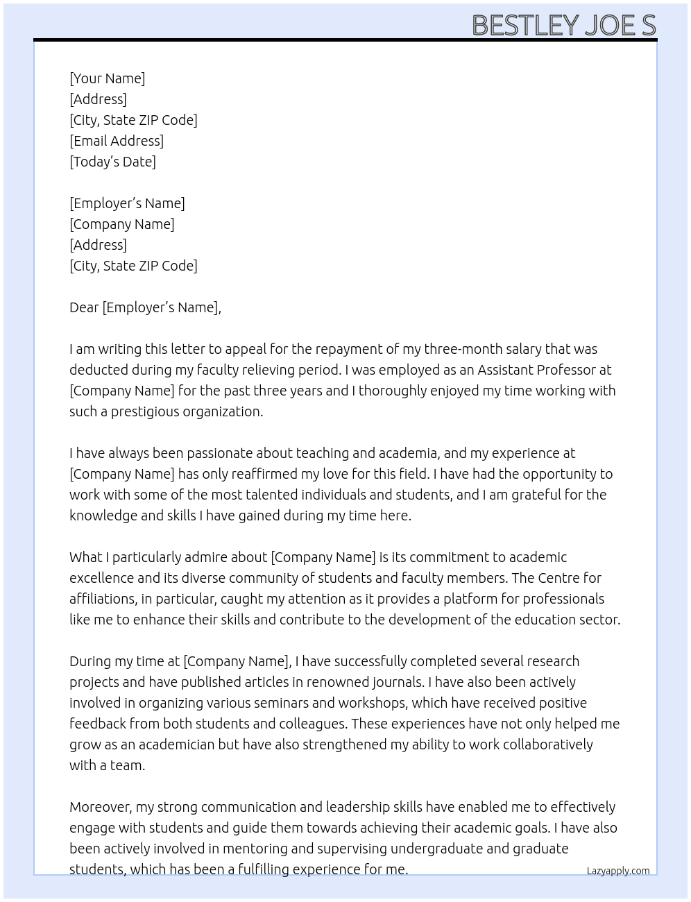 Assistant Professor At The Director, Centre for affiliations Cover Letter