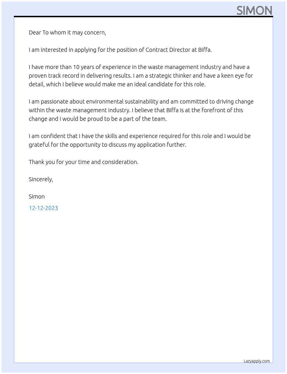 Contract Director  At Biffa  Cover Letter