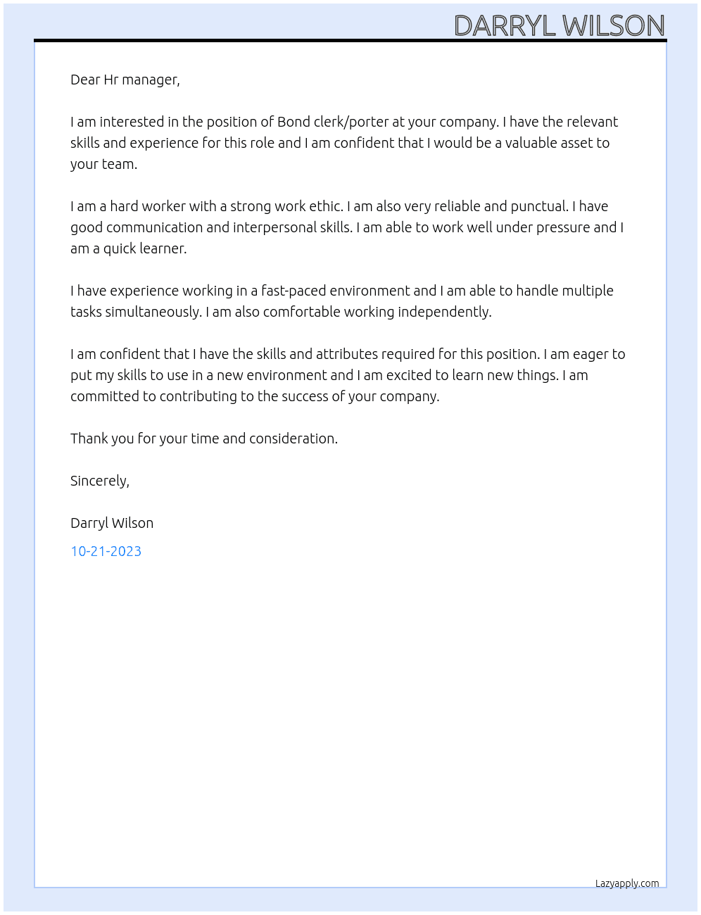 Bond clerk/porter At Global healthcare supplies inc Cover Letter