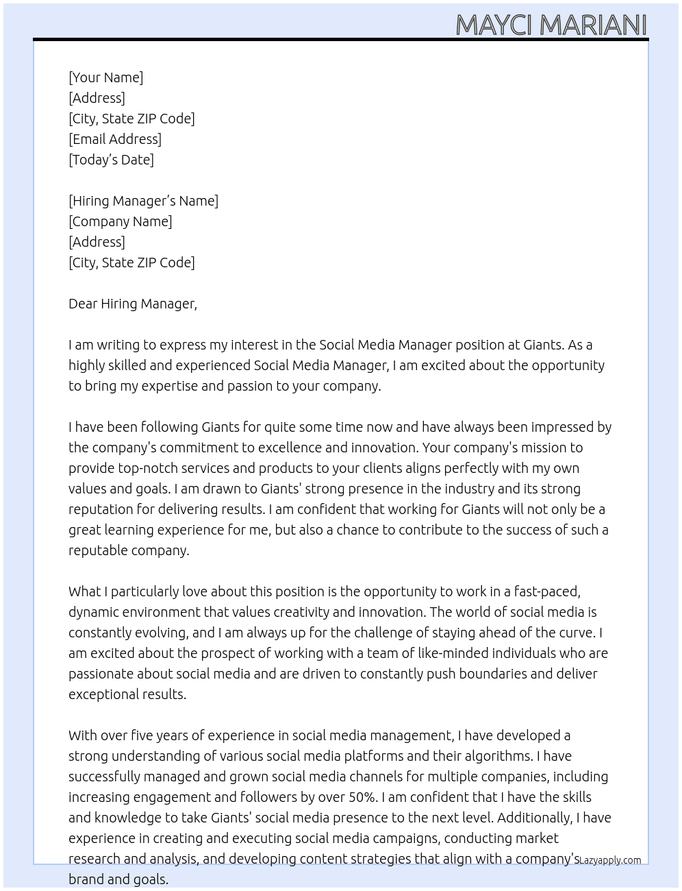 Social Media Manager  At Giants  Cover Letter
