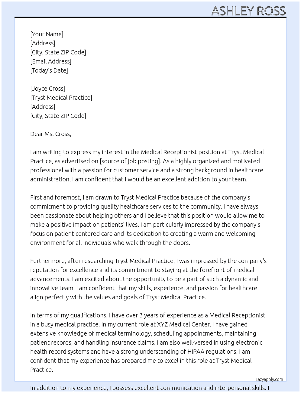 medical receptionist At tryst medical practice Cover Letter