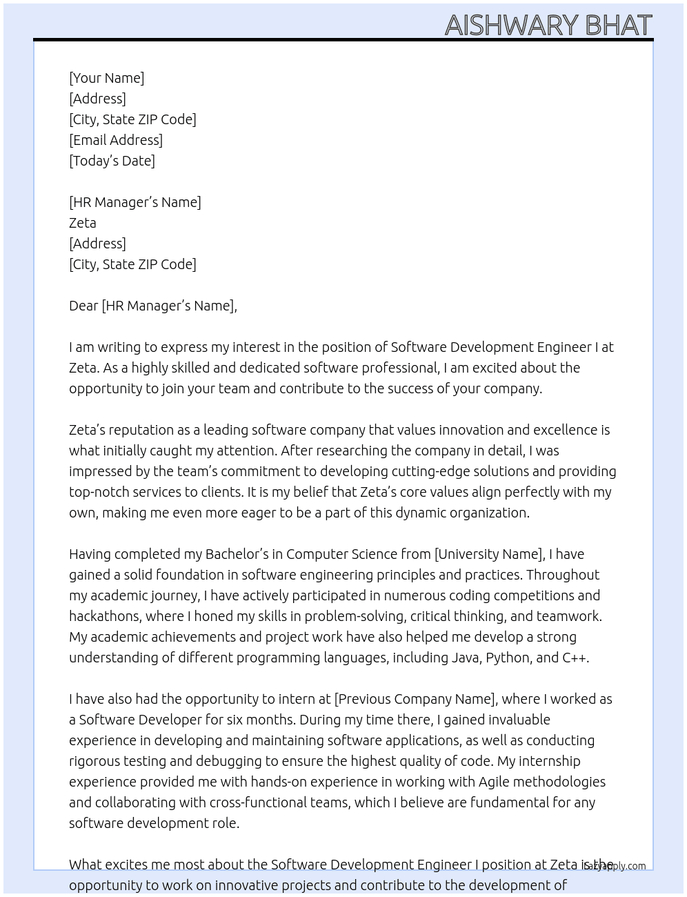 Cover letter for software development engineer i - LazyApply