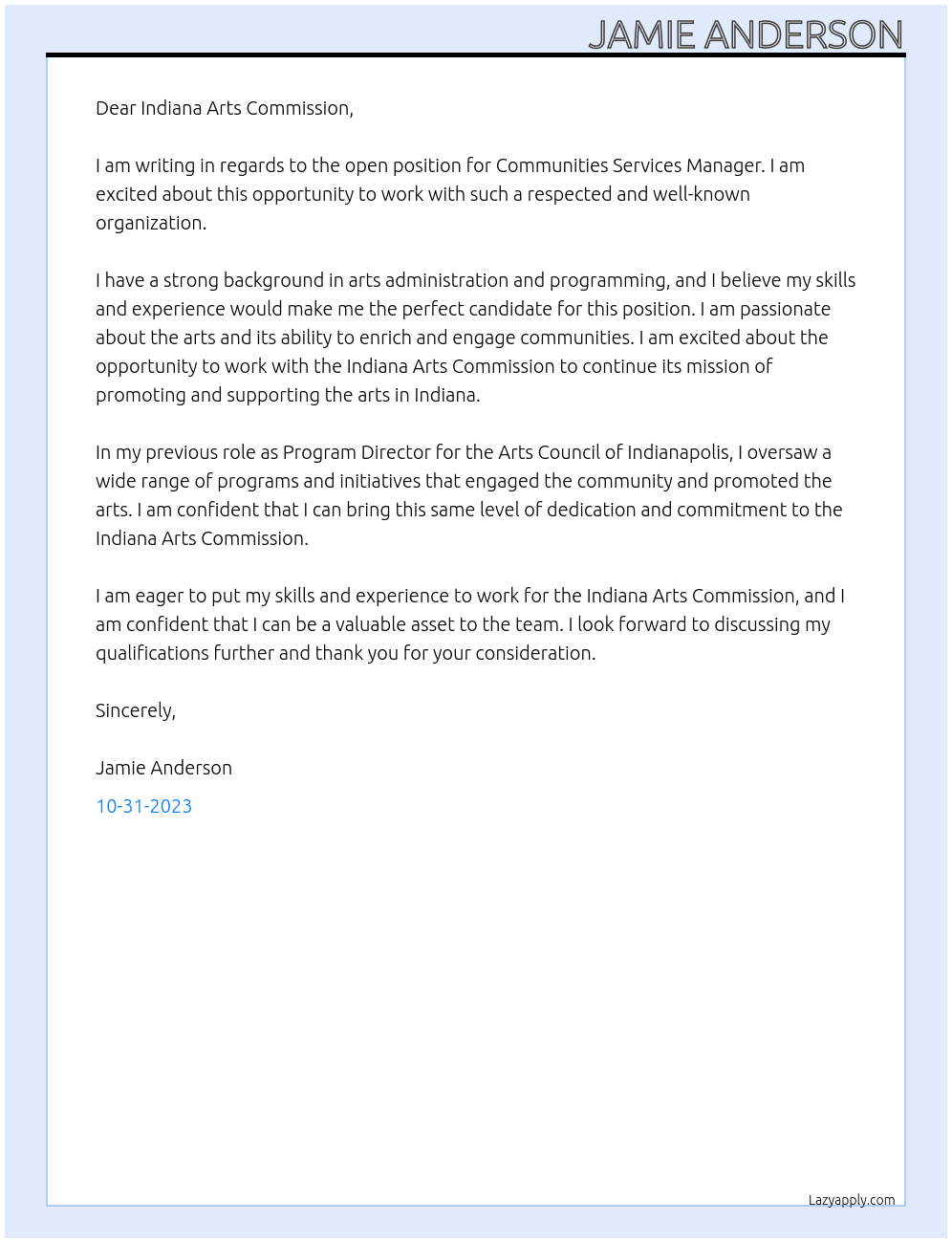 Communities Services Manager At Indiana Arts Commision Cover Letter