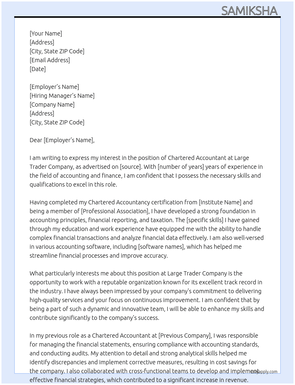 Chartered accountant  At Large trader company  Cover Letter
