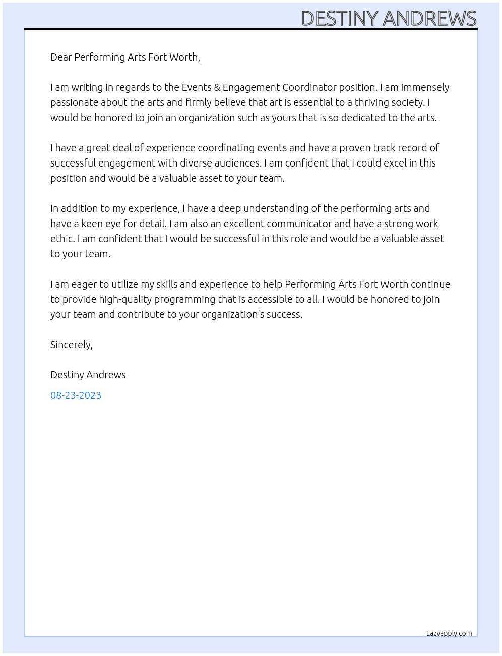 Events & Engagement Coordinator At Performing Arts Fort Worth Cover Letter
