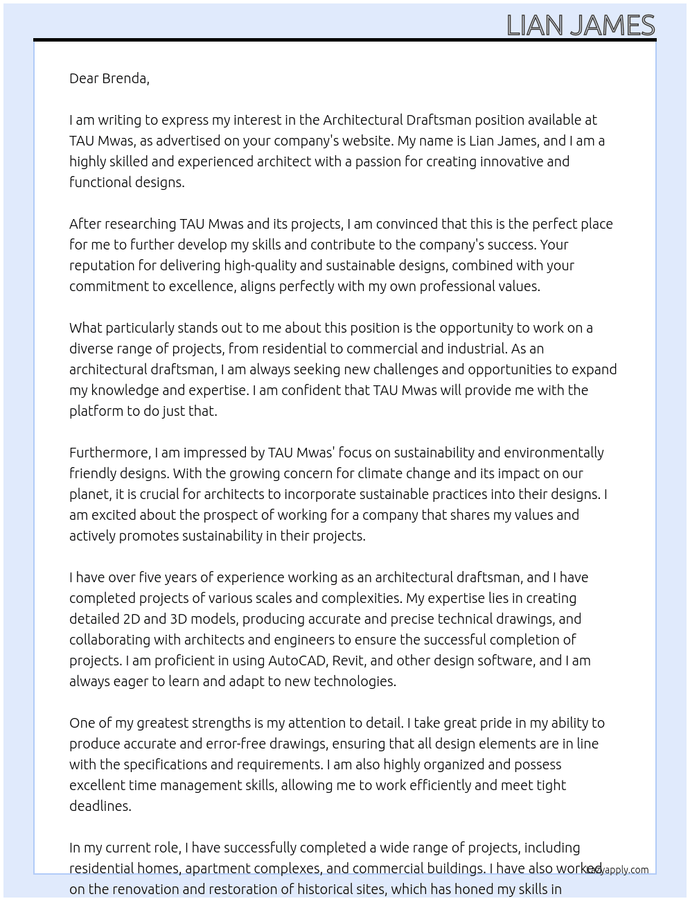 Architectural draftsman At TAU Mwas Cover Letter