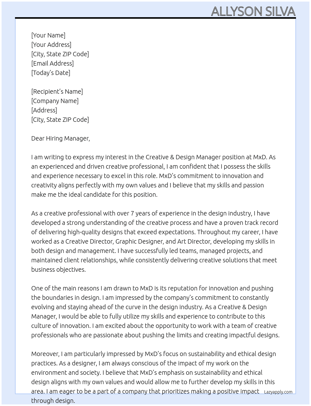 Creative & Design Manager  At MxD Cover Letter