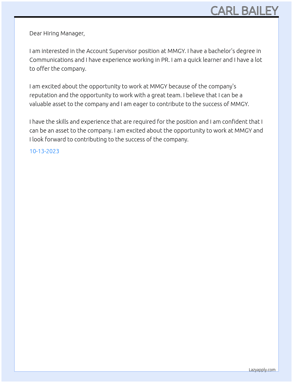 Account Supervisor, PR At MMGY Cover Letter