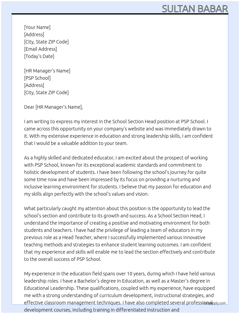 School section head At PSP school Cover Letter