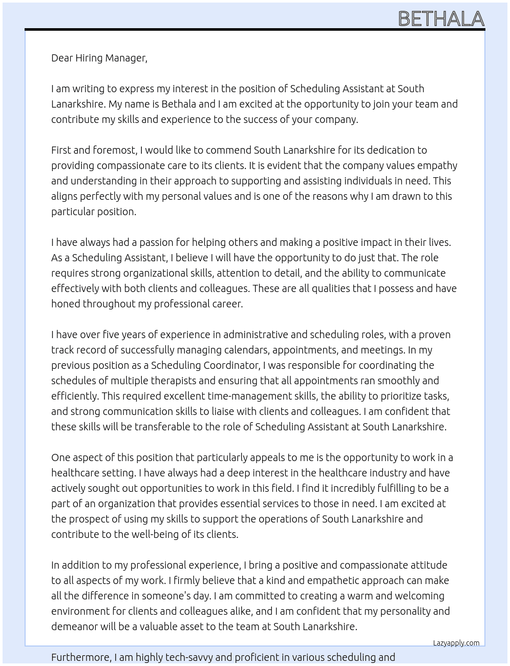 scheduling assistant At South Lanarkshire Cover Letter