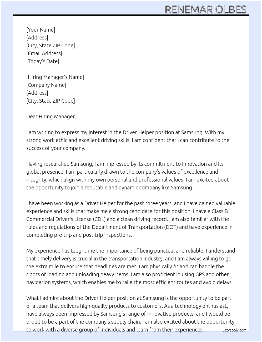 Driver helper At Samsung Cover Letter