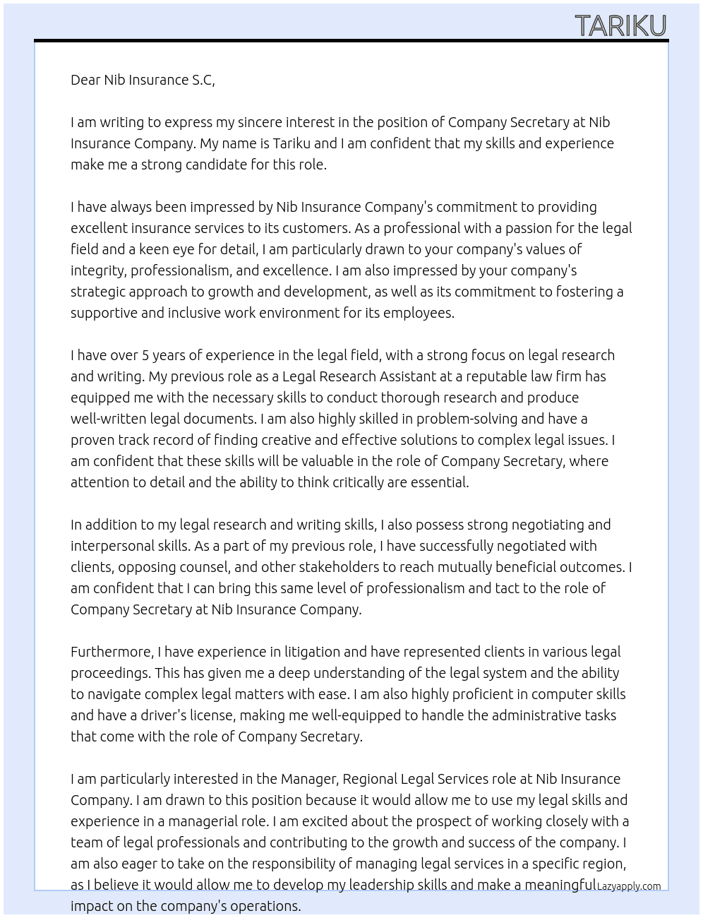 Company Secretary At Nib Insurance Company Cover Letter