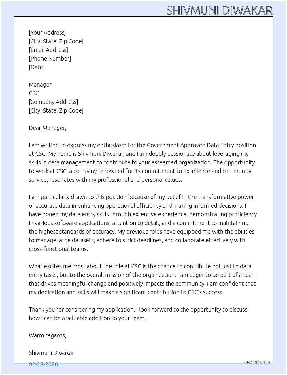 Government approved Data entry At CSC Cover Letter
