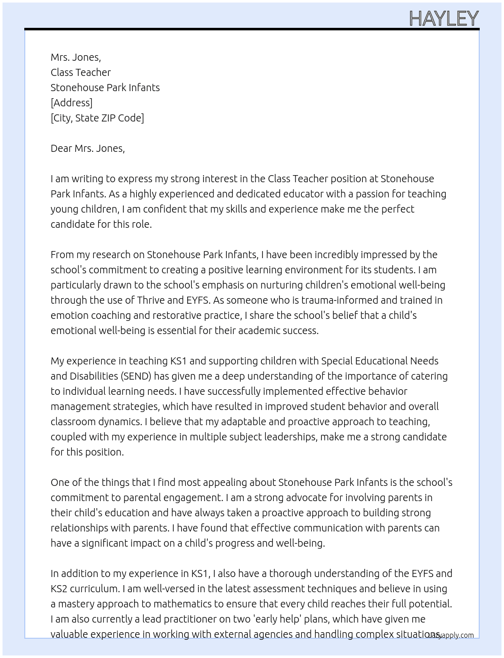 Class teacher At Stonehouse Park Infants Cover Letter