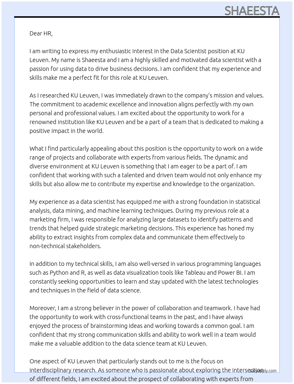 Data Scientist At KU LEven Cover Letter