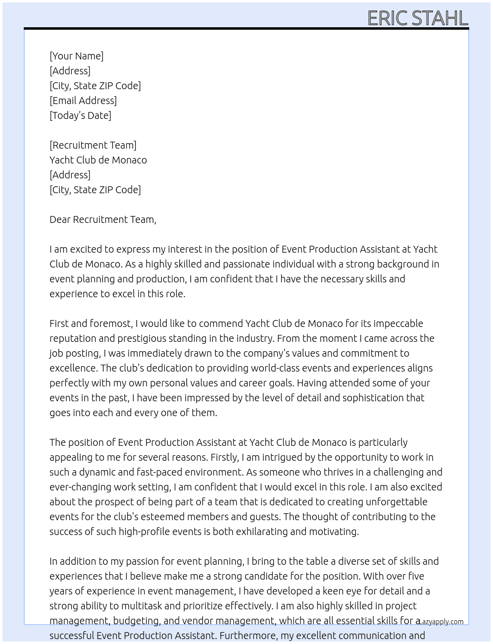 Event Production Assistant At Yacht Club de Monaco Cover Letter