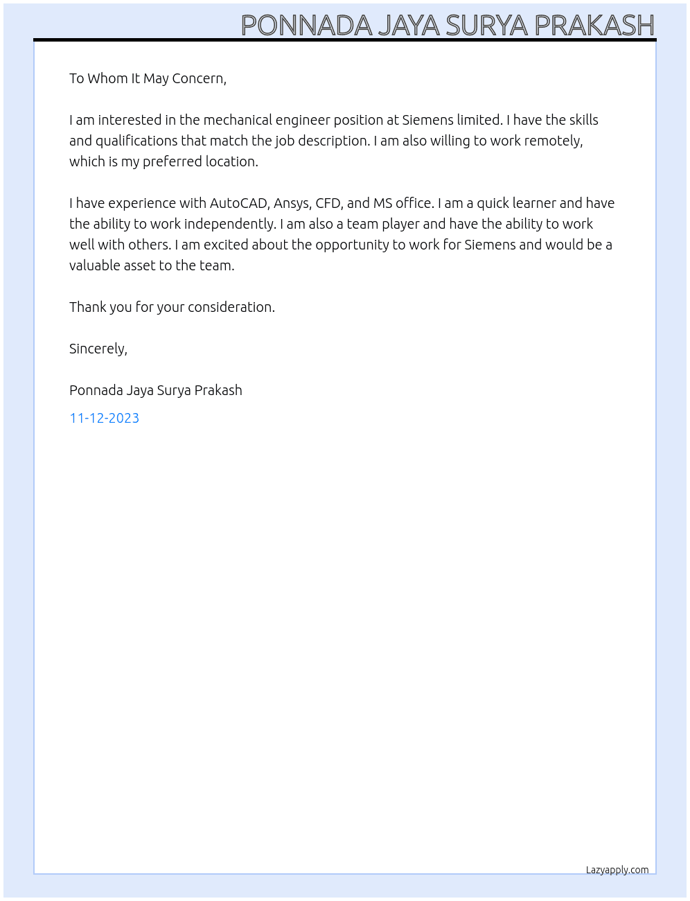 Mechanical engineer At Siemens limited  Cover Letter