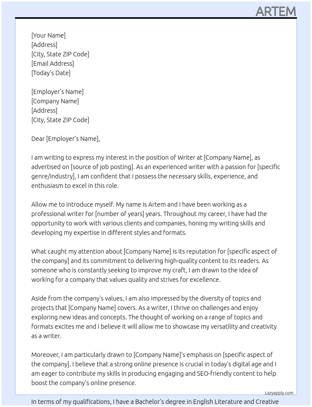 Writer At . Cover Letter