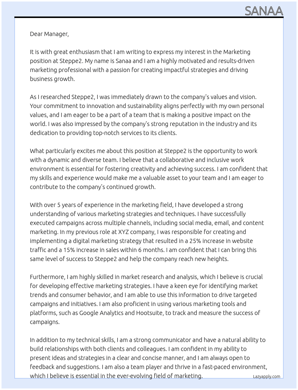 marketing  At Steppe2 Cover Letter