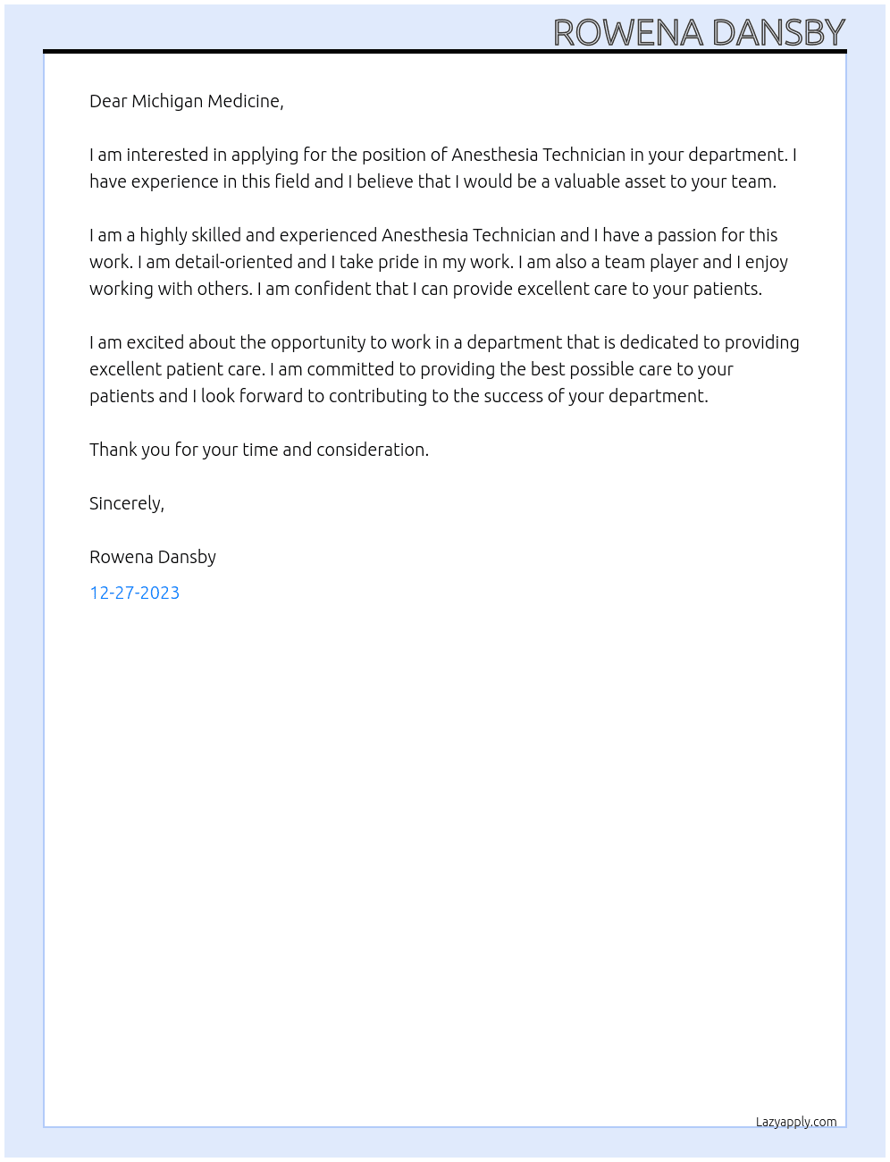 anesthesia technician At Michigan Medicine  Cover Letter