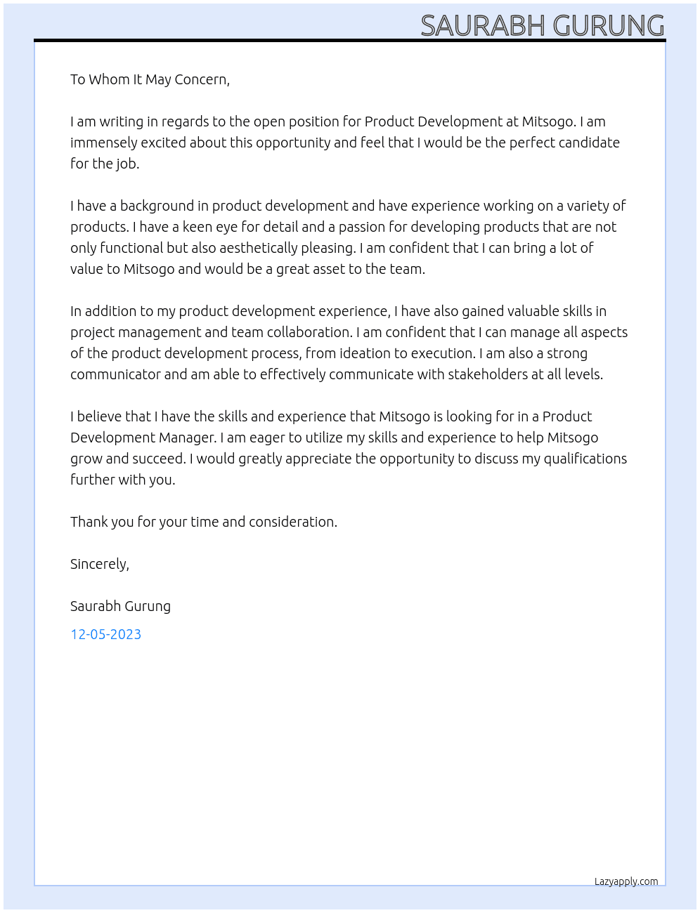 Product Development At Mitsogo Cover Letter