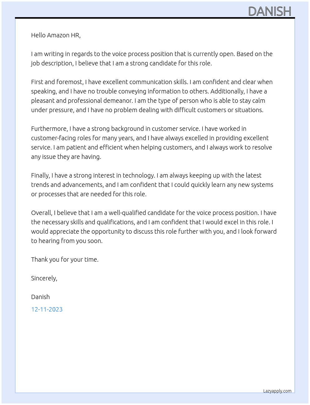 Voice process  At Amazon  Cover Letter