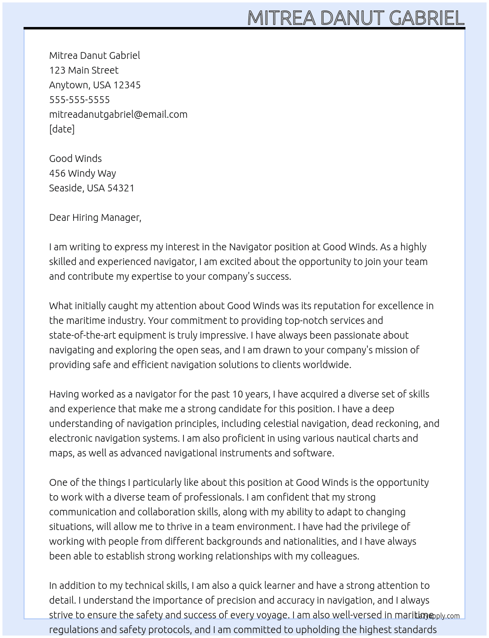 navigator At good winds Cover Letter
