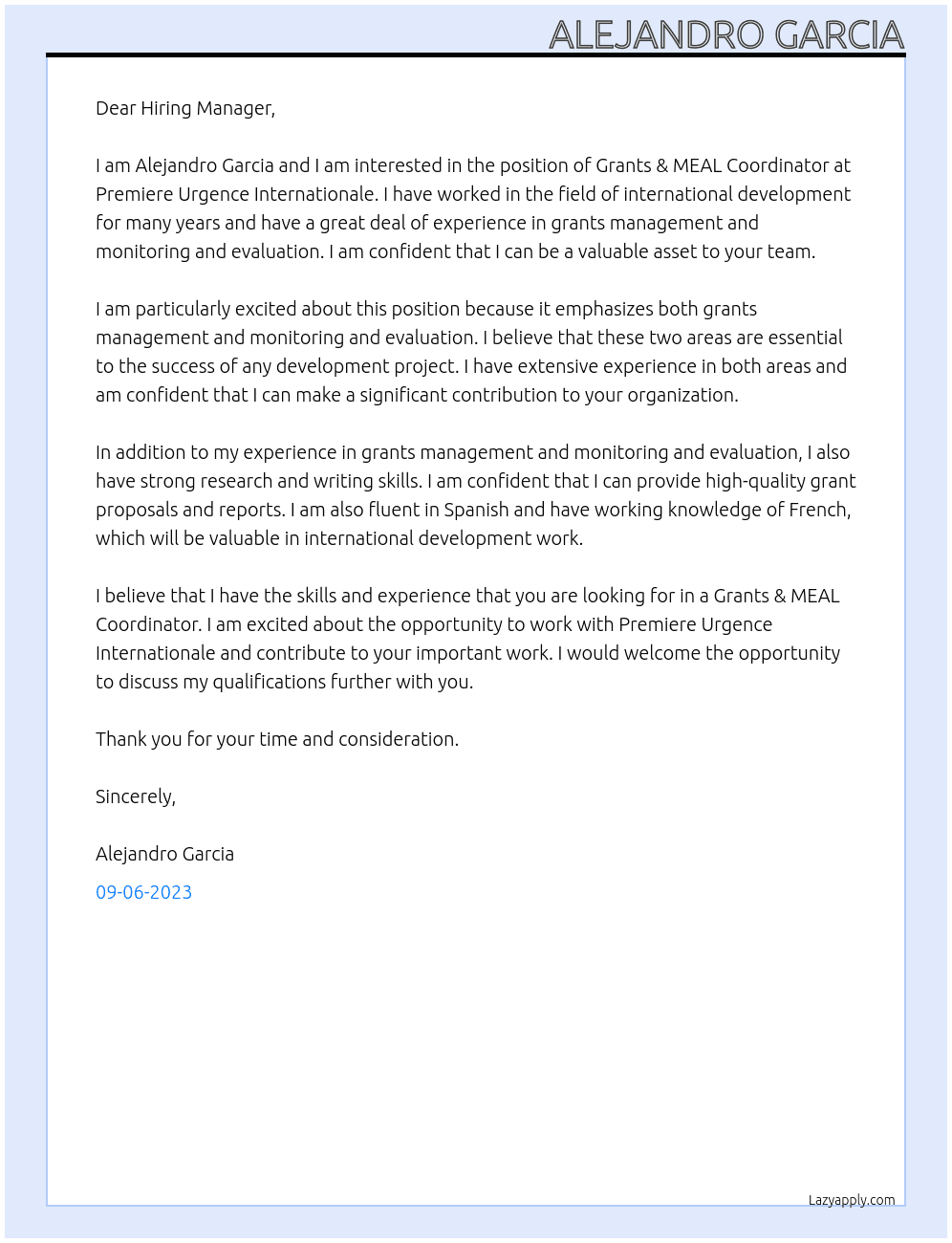 Grants & MEAL Coordinator At Premiere Urgence Internationale Cover Letter